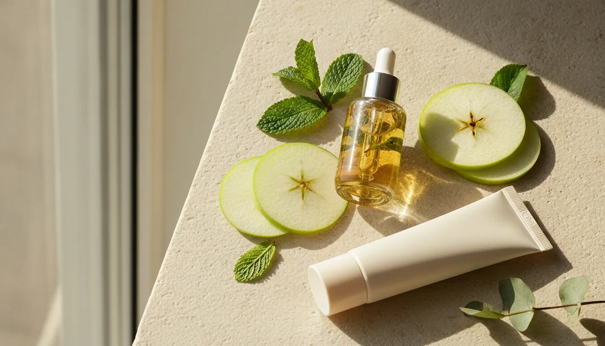 Photorealistic brightening serum bottle with green apple and mineral sunscreen in warm sunlight
