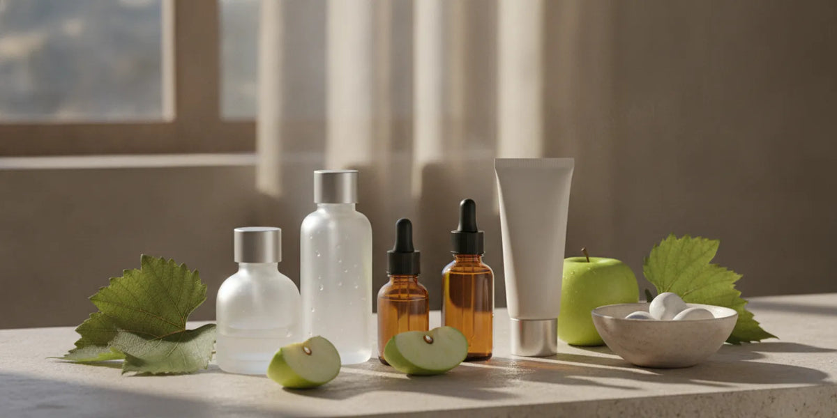 Organic skincare products and fresh botanical ingredients arranged beside a sunlit bathroom mirror