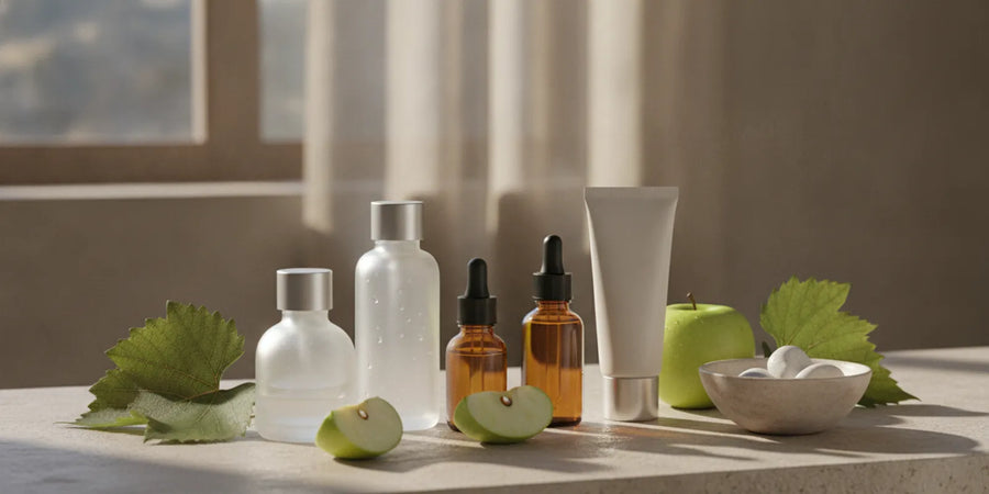 Organic skincare products and fresh botanical ingredients arranged beside a sunlit bathroom mirror