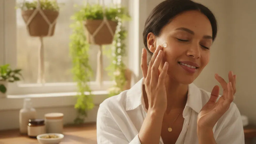 Woman applying a brightening serum as part of a natural hyperpigmentation routine