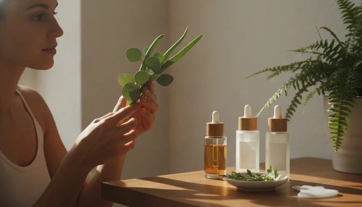 Woman examining botanical ingredients beside clean beauty vessels