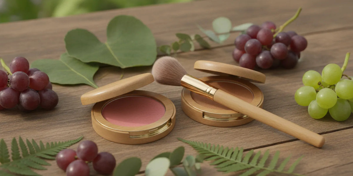 A compact blush and bronzer beside fresh botanical ingredients and a soft makeup brush