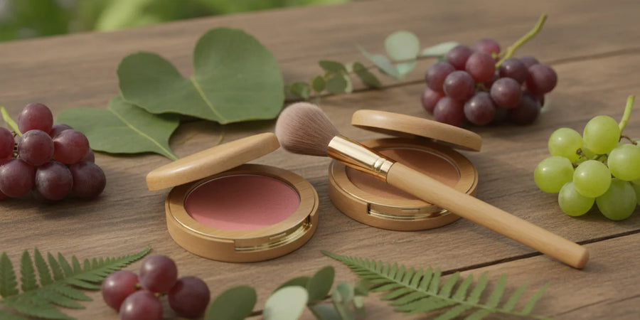 A compact blush and bronzer beside fresh botanical ingredients and a soft makeup brush