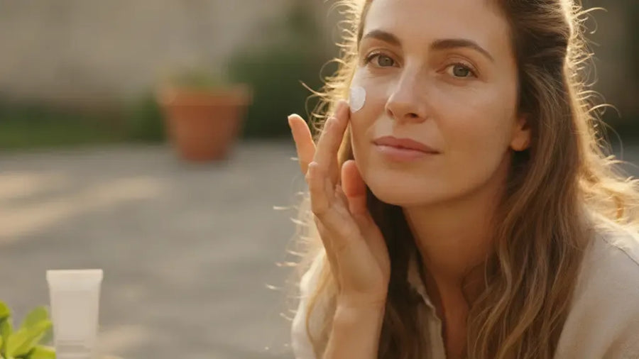 Woman applying mineral sunscreen with zinc oxide in warm natural light