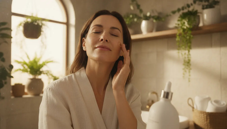 Woman applying a natural retinol alternative serum in a sunlit bathroom