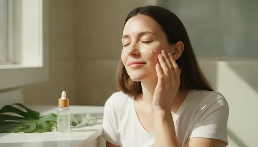 Woman applying natural skincare serum for hormonal acne in a sunlit bathroom
