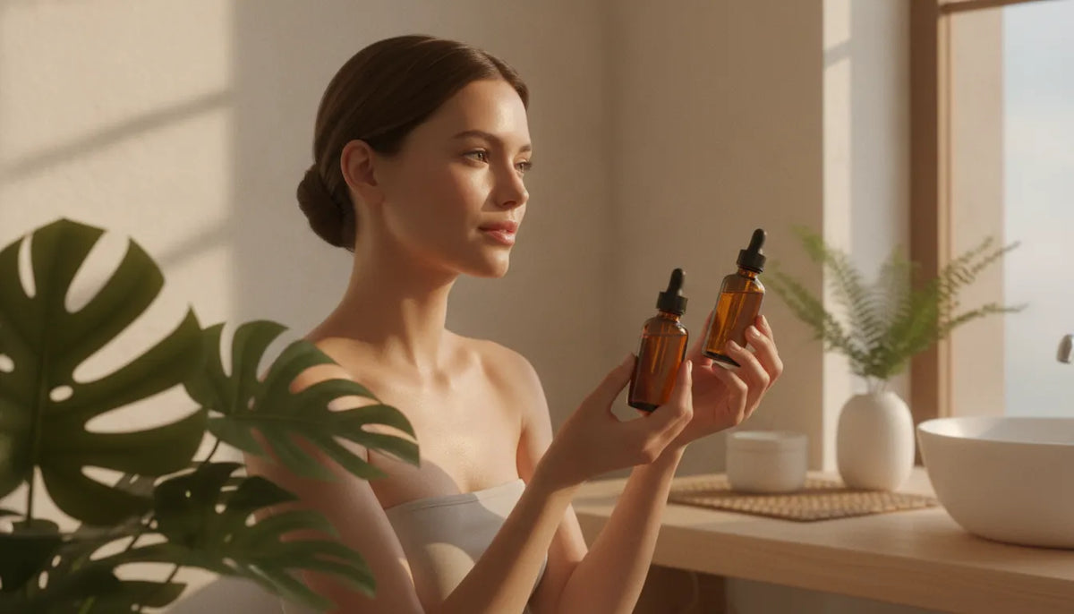 Woman comparing skincare serums for niacinamide vs vitamin C for dark spots