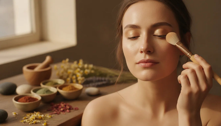 Woman applying soft eyeshadow with botanical pigments in the background