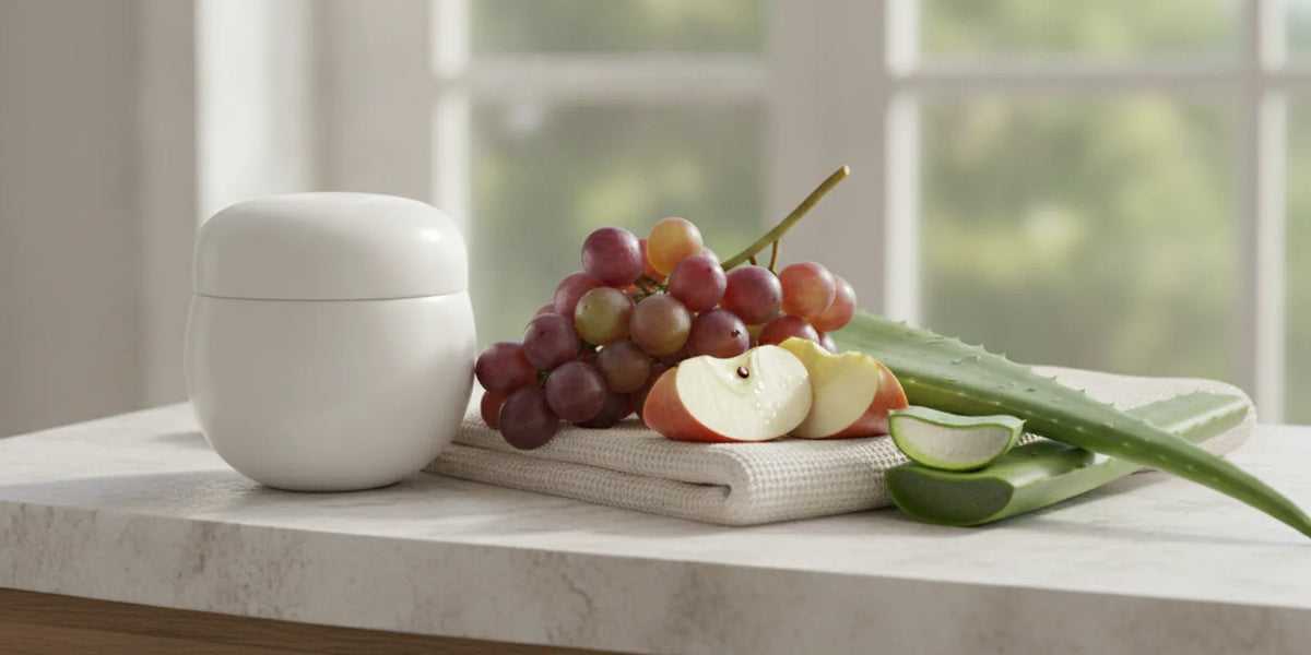 A lightweight moisturizer beside fresh grapes and botanical ingredients on a bright, clean vanity