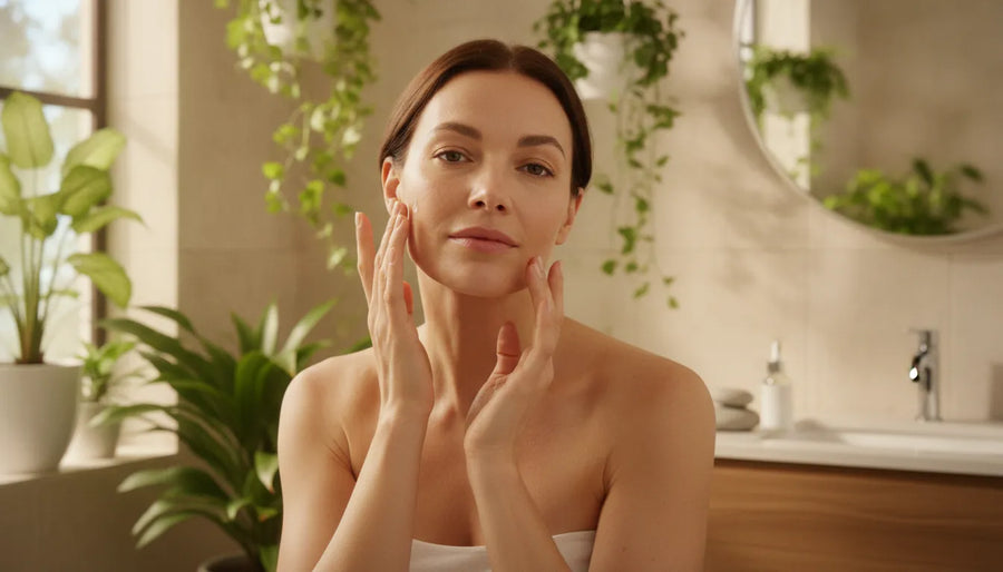 Adult woman applying botanical serum in a bright natural bathroom