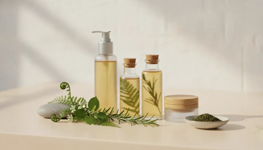 Organic skincare products and botanicals arranged on a cream vanity