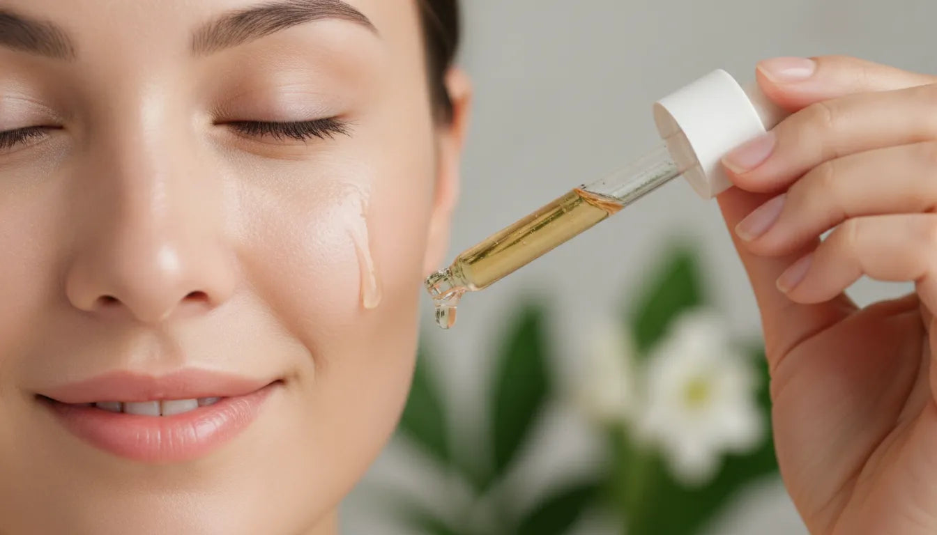 Radiant, healthy-looking skin being cared for with a botanical serum dropper