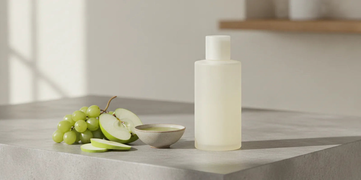 A gentle cleanser beside fresh botanical juices and grapes on a bright bathroom counter