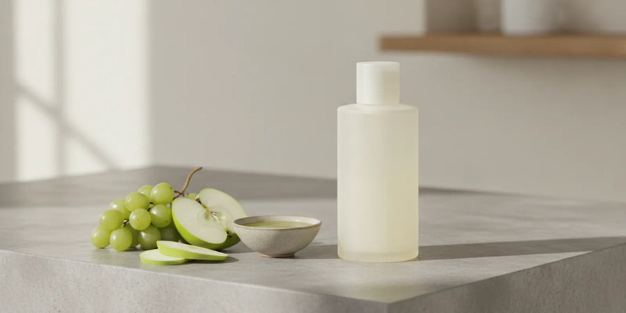 A gentle cleanser beside fresh botanical juices and grapes on a bright bathroom counter