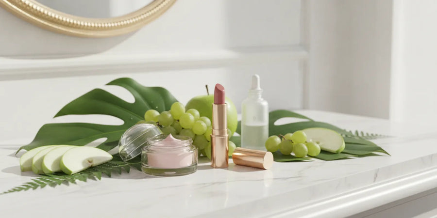 Juice Beauty makeup and fresh botanical ingredients arranged on a bright vanity