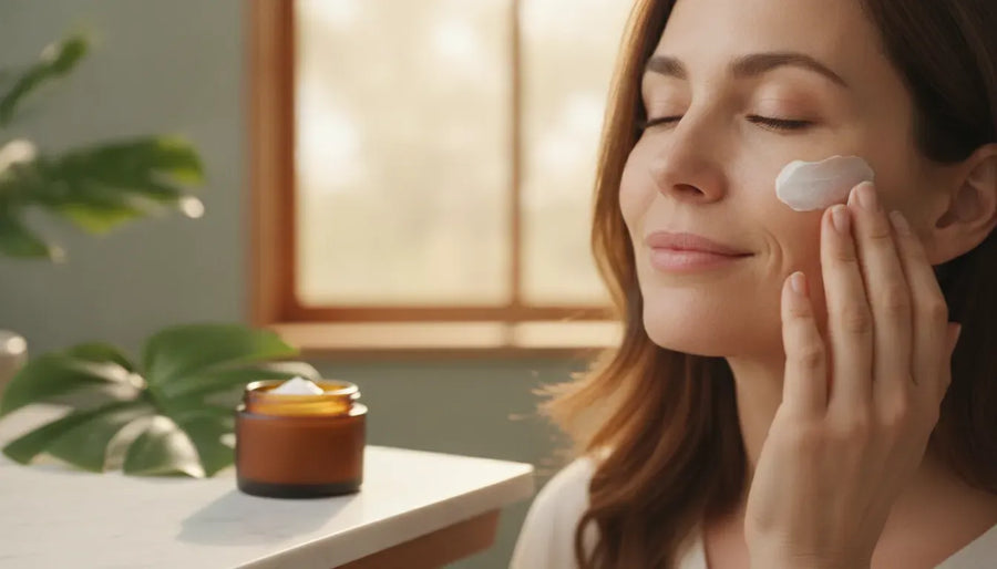 Woman applying an organic moisturizer for anti-aging in a bright natural-light bathroom