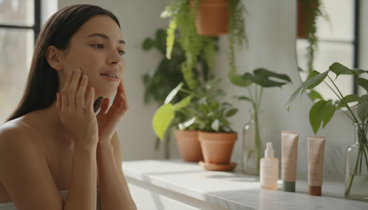 Woman applying luminous primer in a natural-light beauty routine