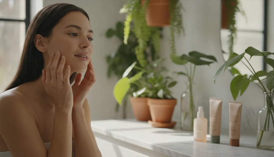 Woman applying luminous primer in a natural-light beauty routine