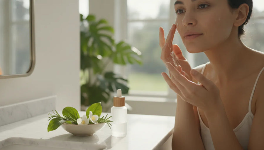 Woman applying a botanical blemish serum in a bright bathroom