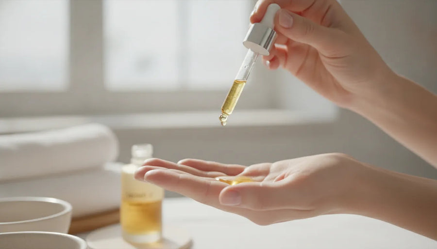 Dropper dispensing golden organic vitamin C serum, brightening skincare in a bright clean setting