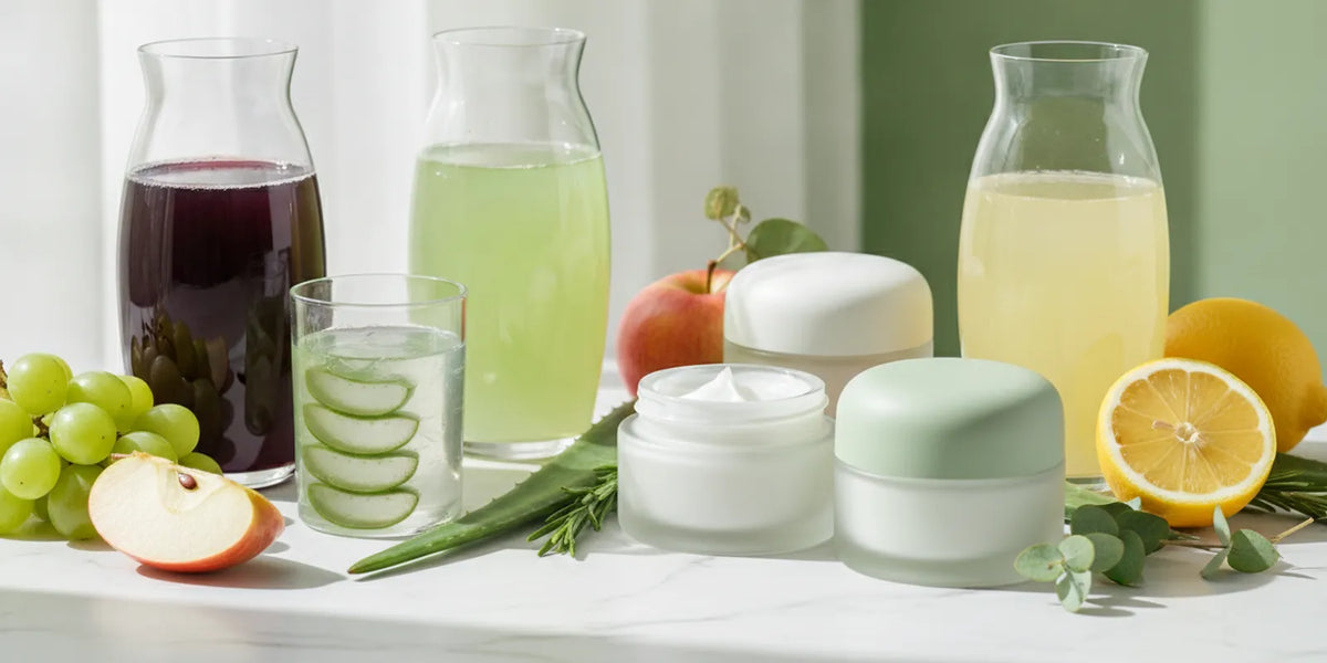 Organic botanical juices and skincare arranged on a clean counter