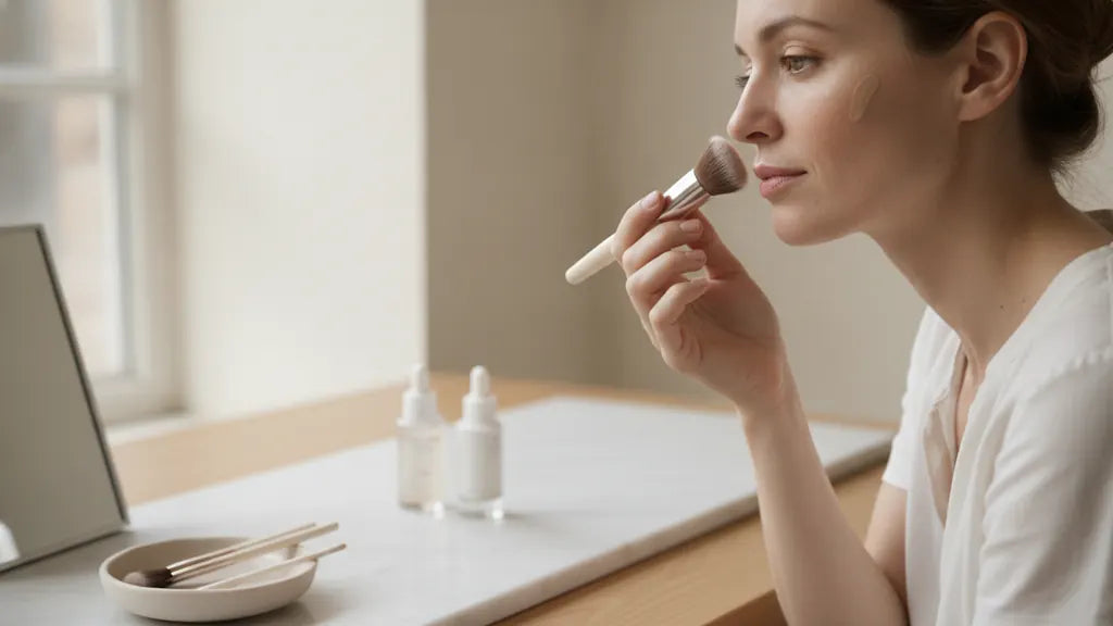 Fair-skinned woman applying serum foundation with a makeup brush in natural light