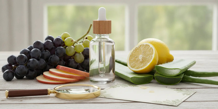 Organic grape and botanical skincare ingredients beside a skincare bottle and ingredient label