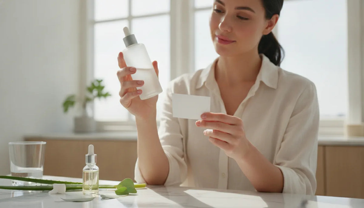 Clean beauty shopper reviewing a skincare ingredient list beside botanical leaves