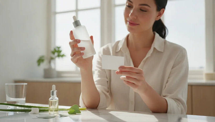 Clean beauty shopper reviewing a skincare ingredient list beside botanical leaves