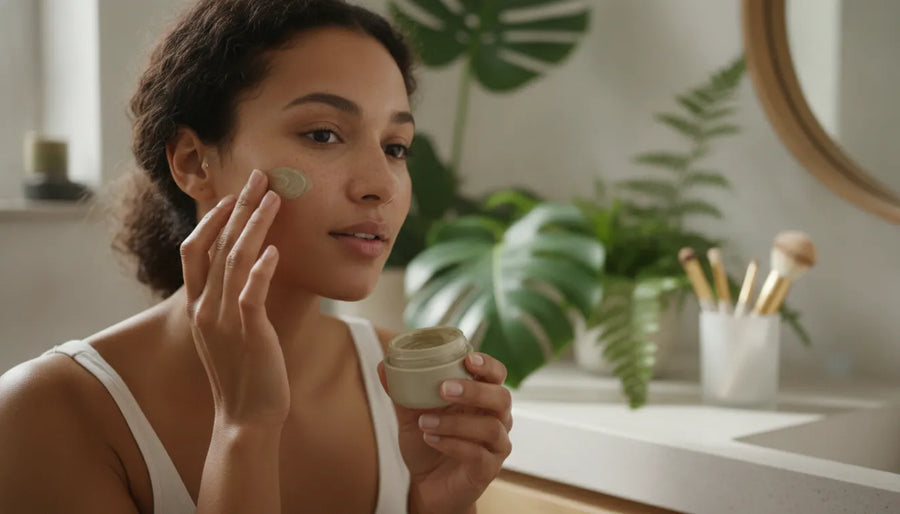 Woman applying botanical makeup while checking vegan certification standards
