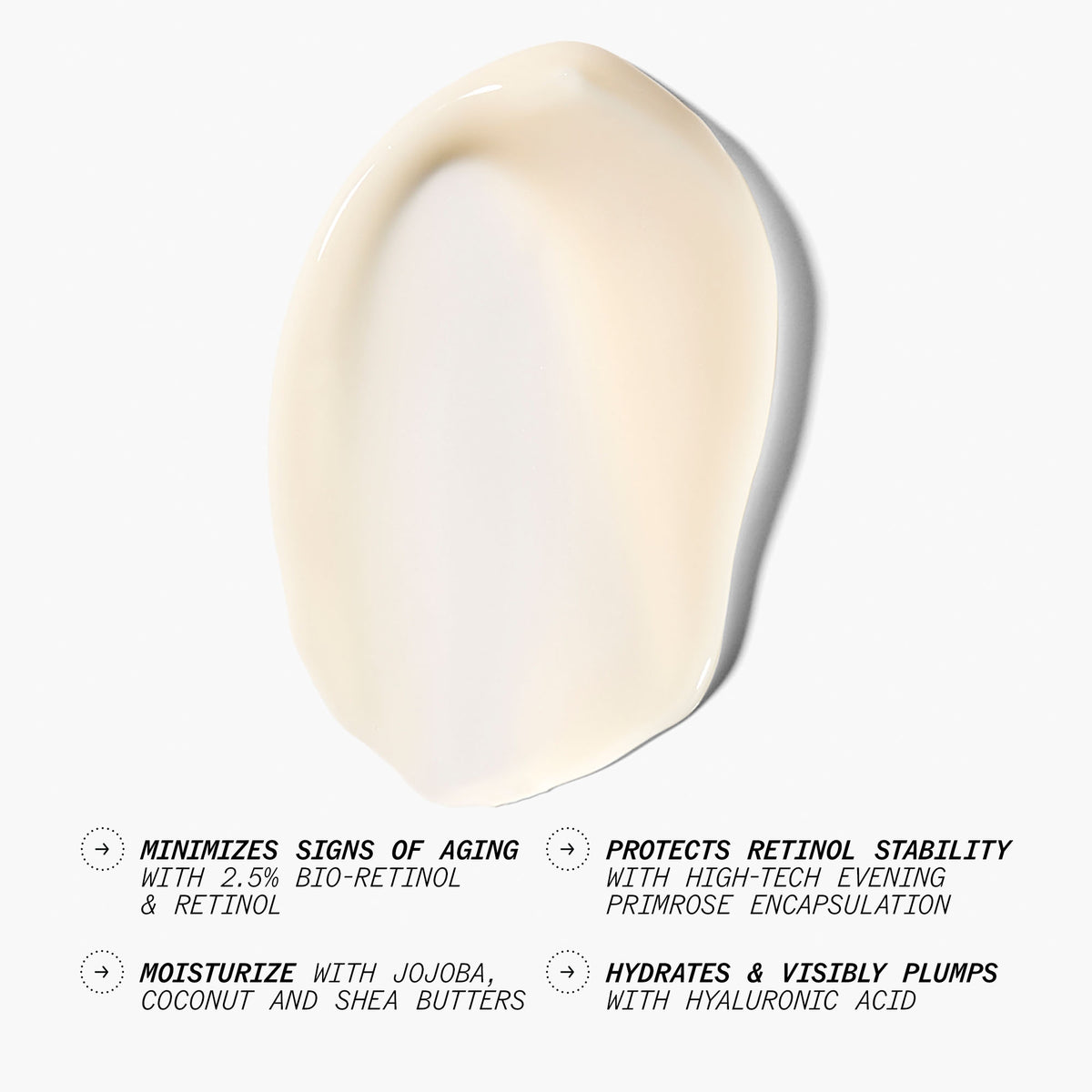 Stem Cellular Anti-Wrinkle Retinol Overnight Serum ingredients tile featuring jojoba, coconut, and shea butters with hyaluronic acid